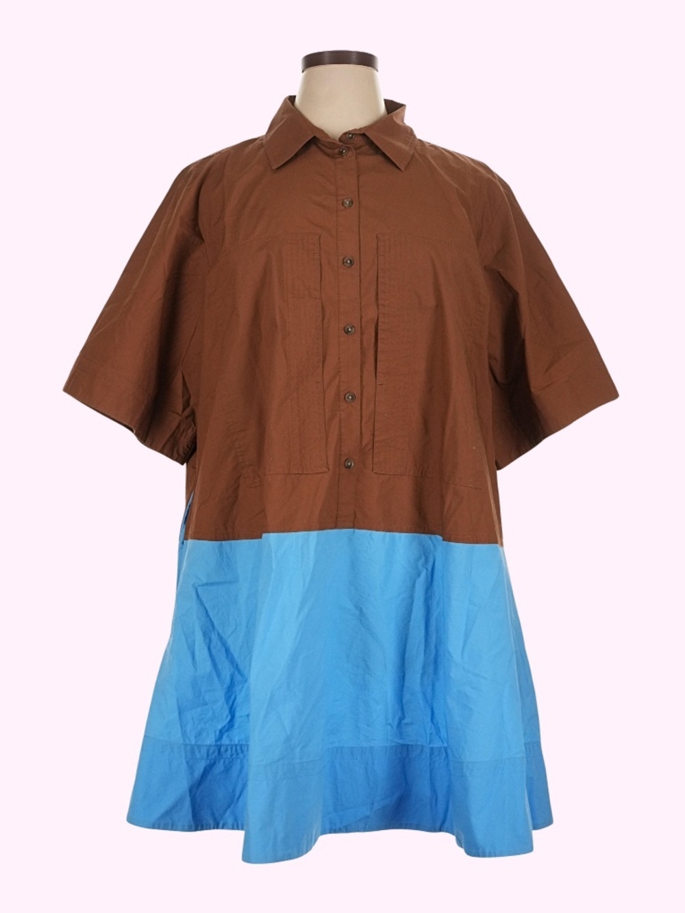 Banana Republic Cotton Trapeze Colorblock Brown Blue Mini Shirtdress XL - Picture 2 of 6